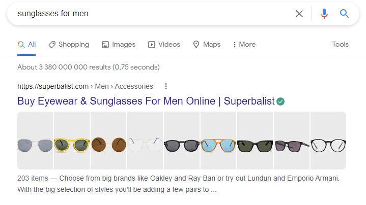 gafas de sol para hombres en búsqueda de Google